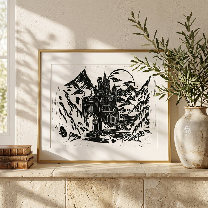 Medieval-inspired castle artwork featuring towering stone keeps, rugged mountains, and a moonlit sky rendered in a traditional relief print style.