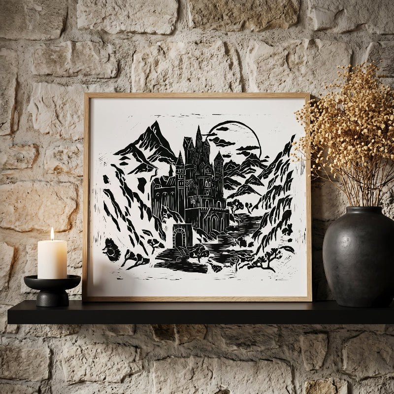 Hand-carved linocut artwork depicting a moonlit medieval castle surrounded by mountain peaks and a winding river, limited edition original print.