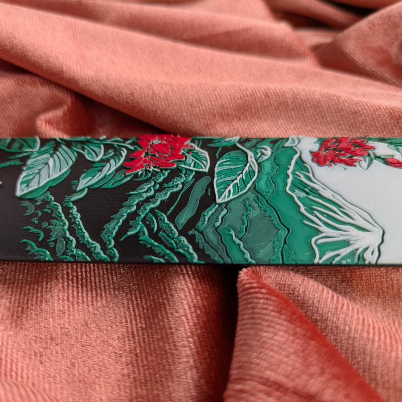 Mount Fuji art bookmark with crimson flowers, red sun, mountain landscape, and cream tassel