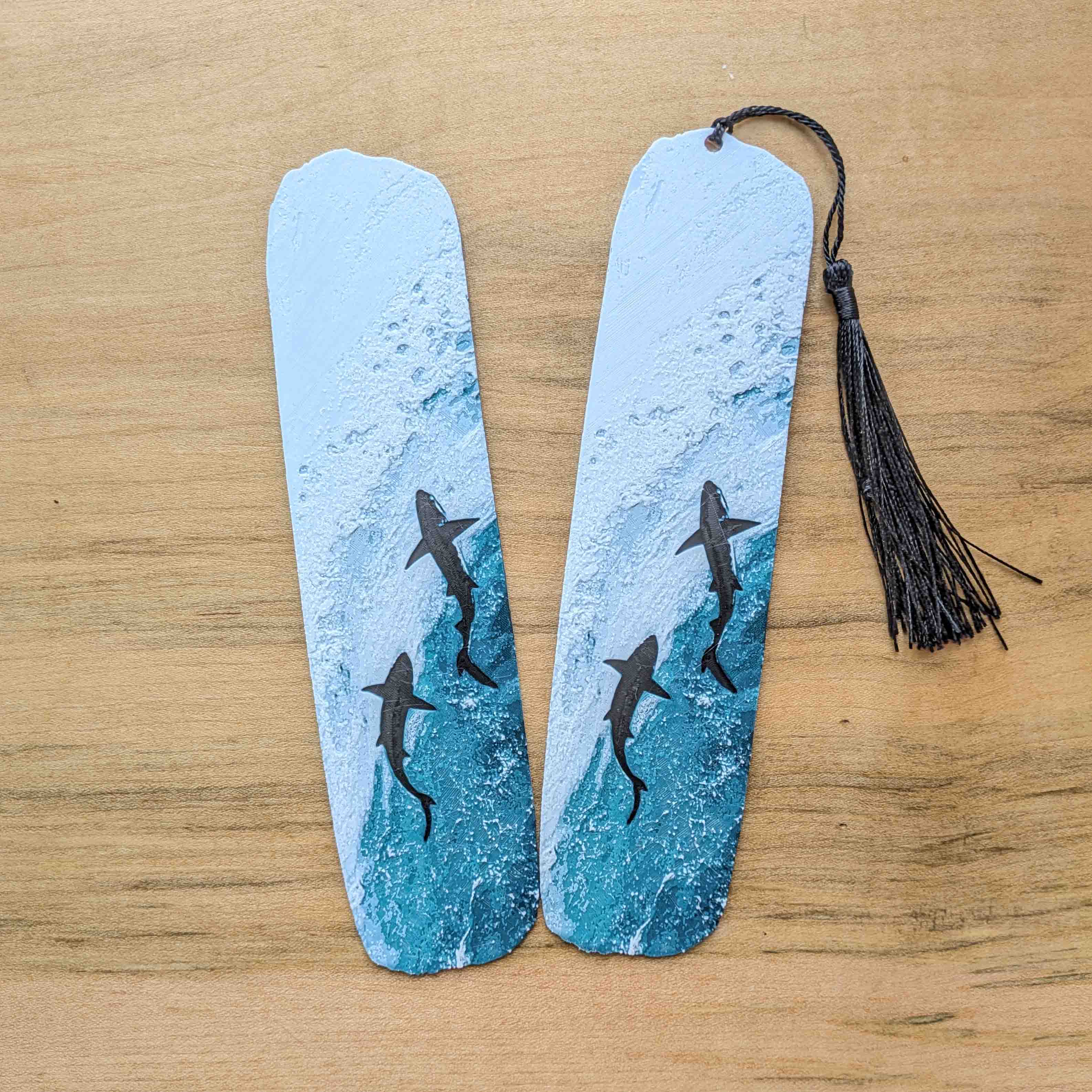 Ocean inspired shark art bookmark with layered wave design