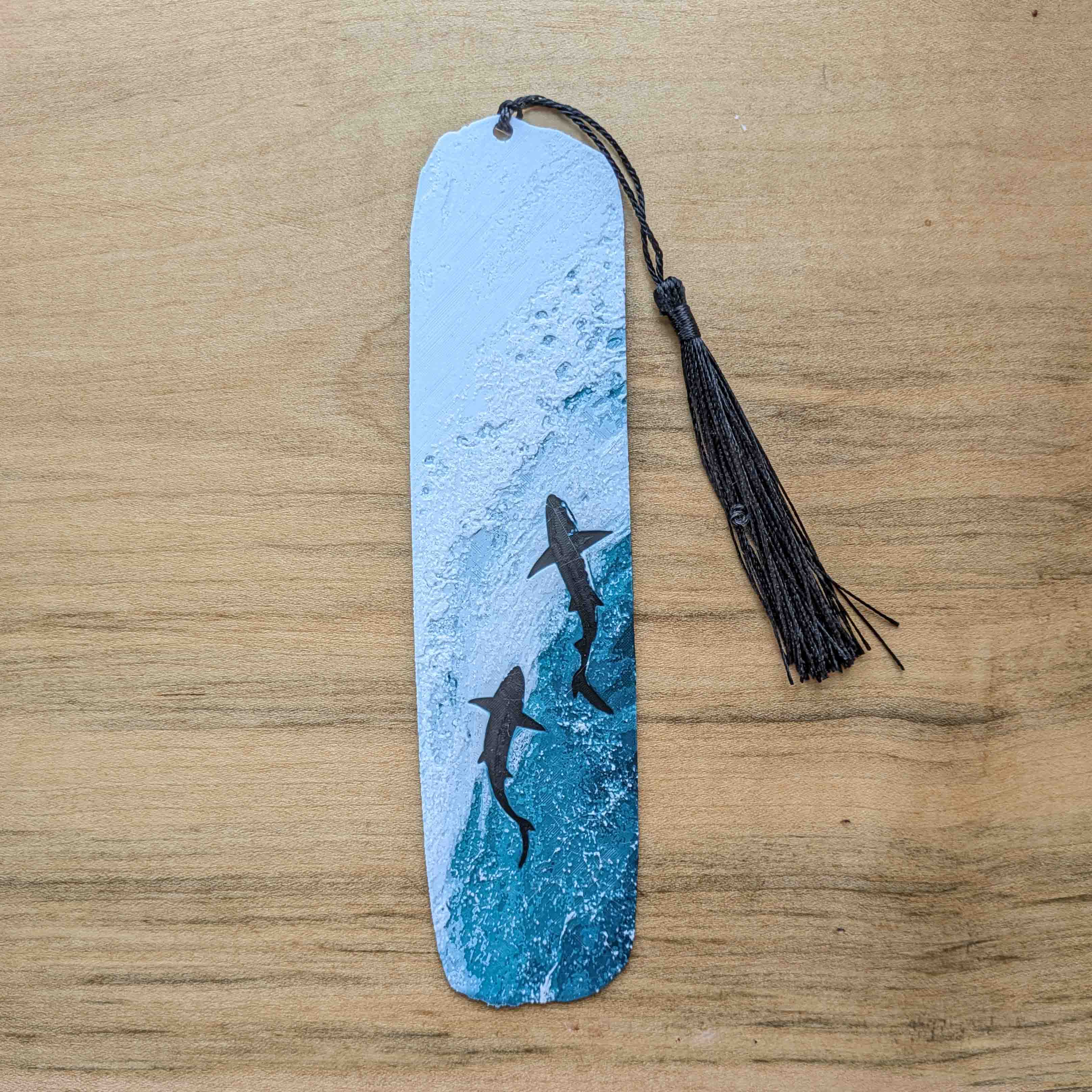 Ocean inspired shark art bookmark with black tassel attached