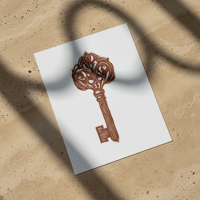 Close up detail of hand carved linocut marks and ink texture in ornate medieval key relief print artwork.