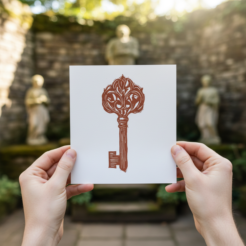 Close up of linocut print showing carved line work and ink texture in an ornate key design