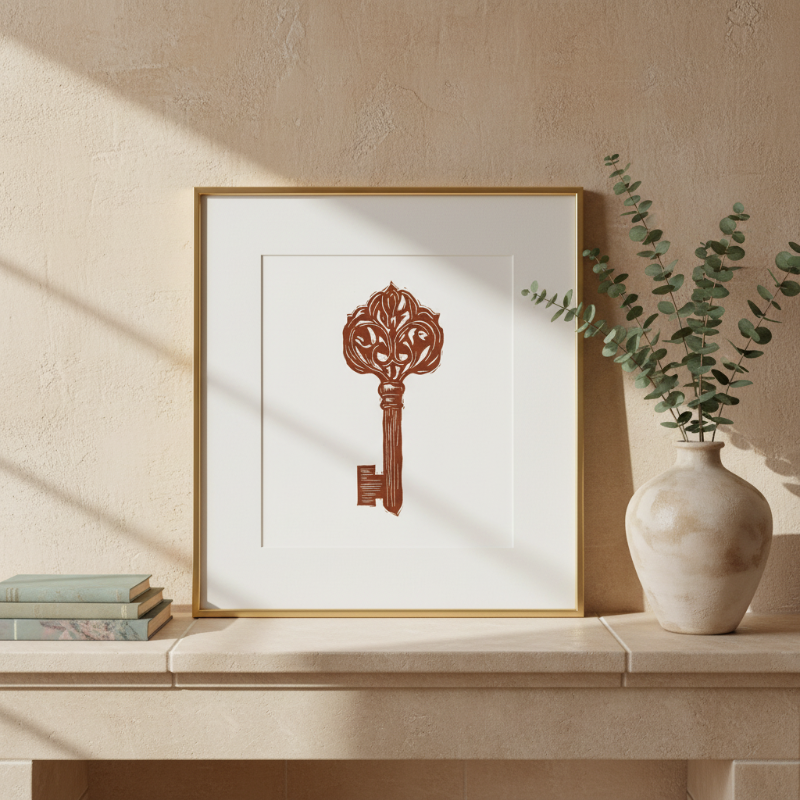 Hand carved linocut print of an ornate medieval key in warm red ink on paper, inspired by historic ironwork