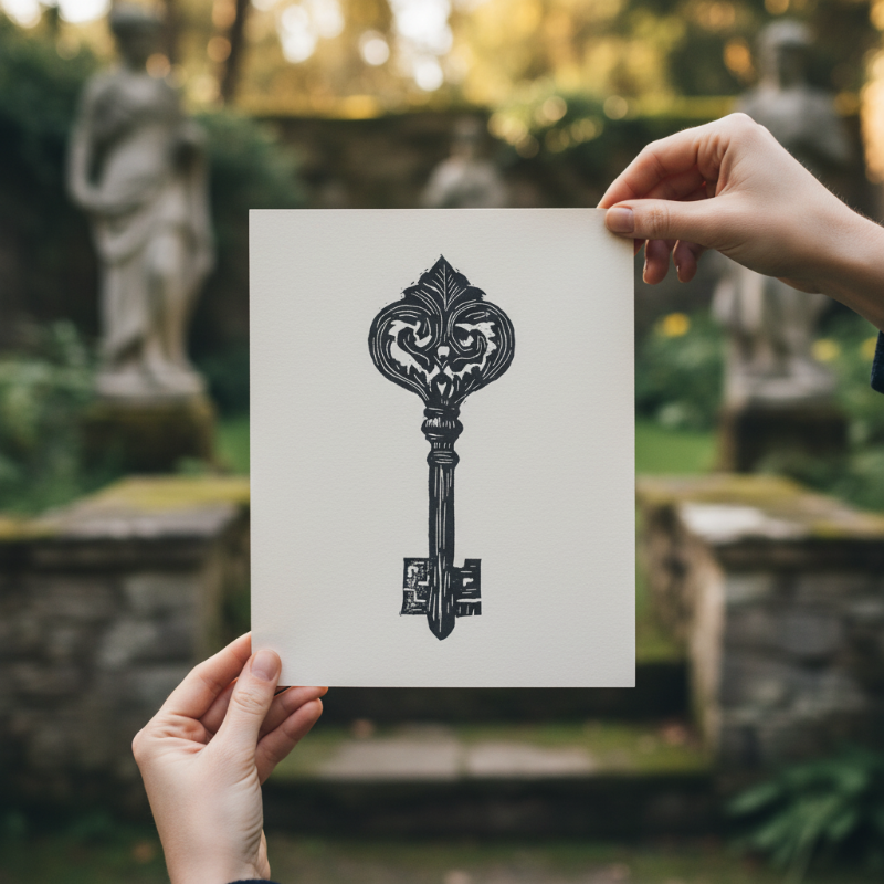 Close up view of carved linocut texture showing hand cut lines and inked surface detail in an ornate medieval key print.