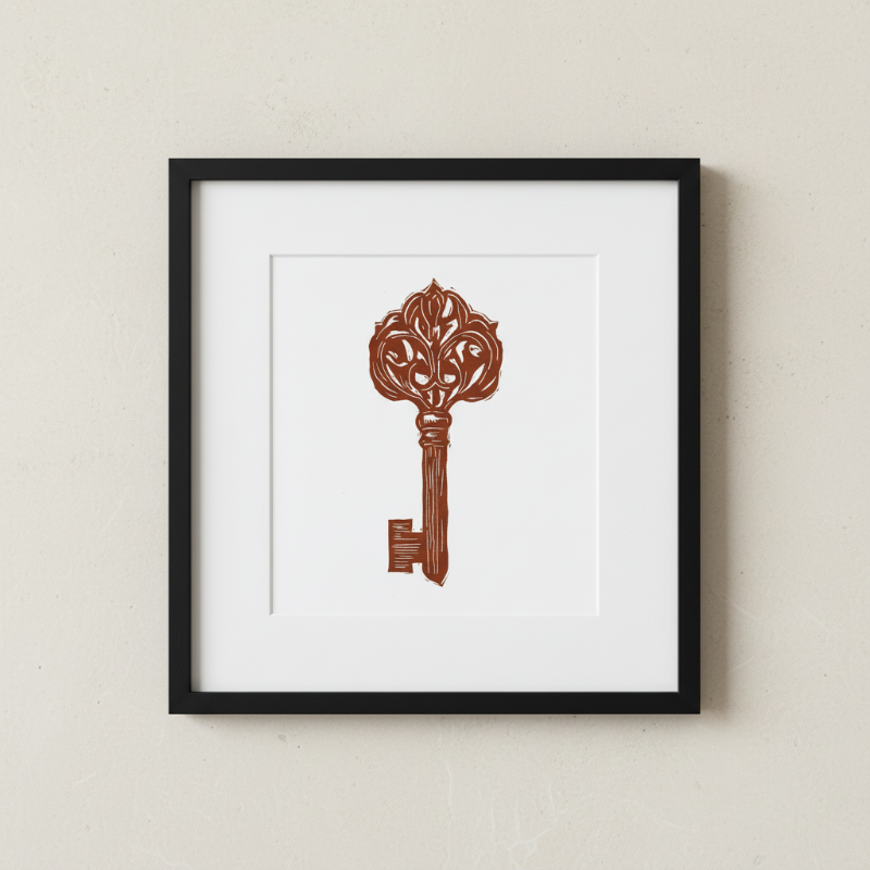 Hand carved ornate medieval key linocut artwork in red ink, original 5x7 relief print inspired by historic decorative ironwork.