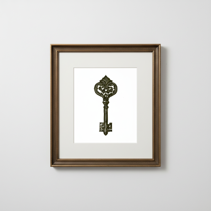 Hand printed medieval key linocut artwork in timber green ink, original 5x7 relief print inspired by historic ornament.