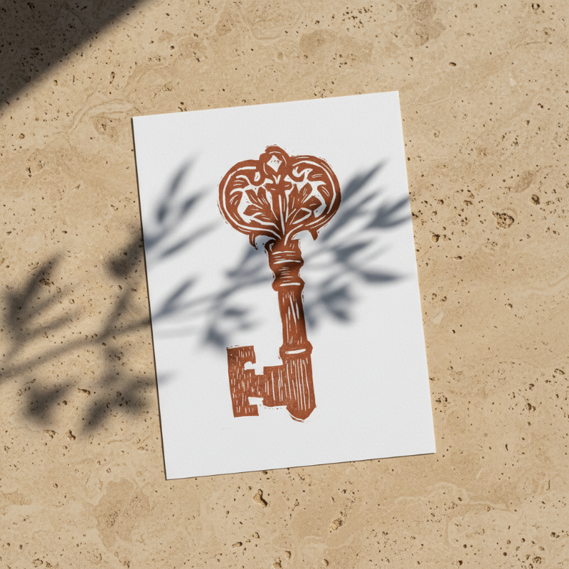 Decorative key on a white card with palm leaf shadows on a beige surface