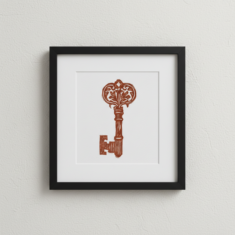 Original 5x7 relief print of an ornate medieval key in earthy red ink on archival paper
