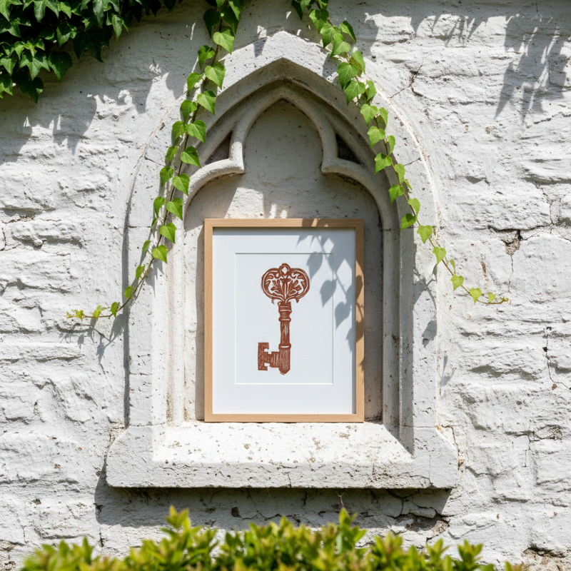 5x7 archival fine art print of ornate medieval key in earthy red ink