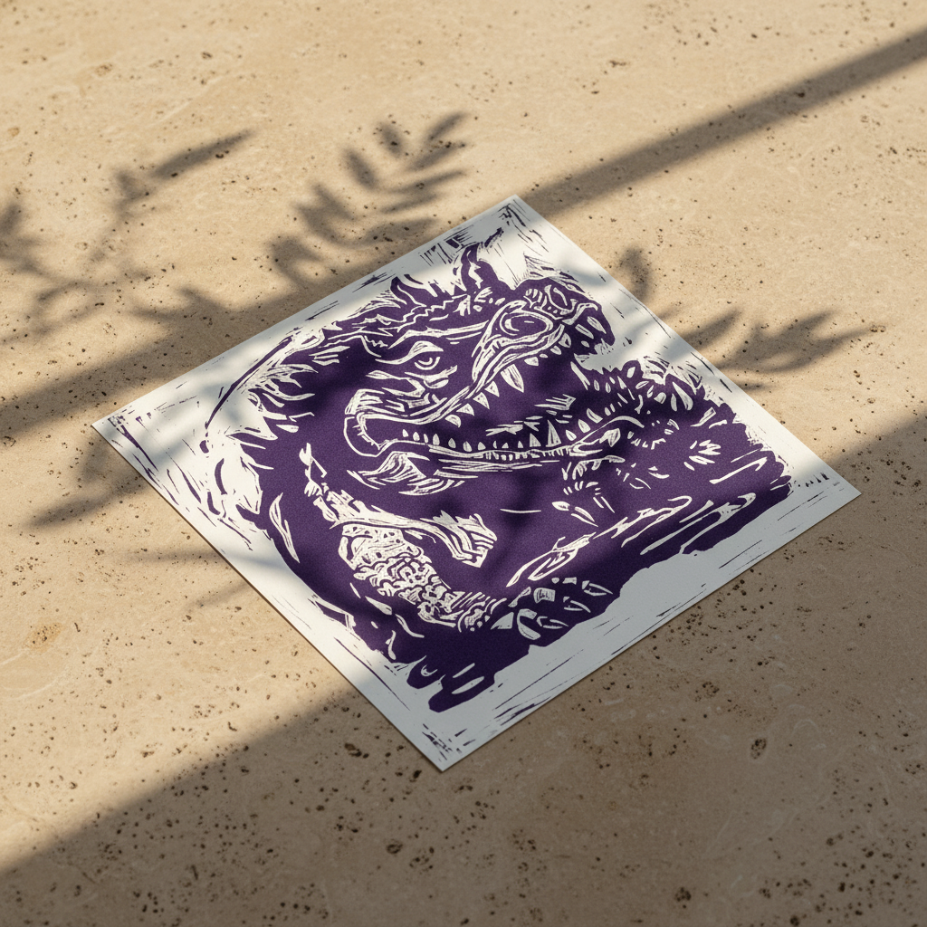 Close up detail of Purple Hodag original artwork showing line work texture and rich purple tones