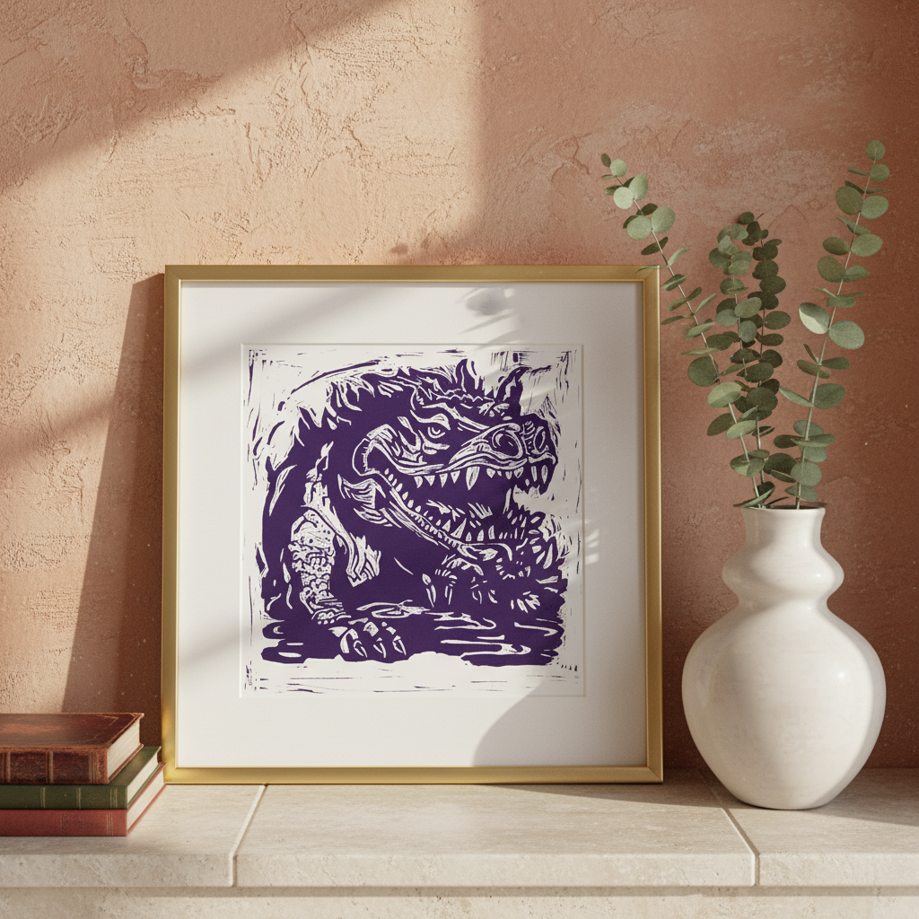 Purple Hodag original folklore artwork inspired by Wisconsin legend and medieval print style