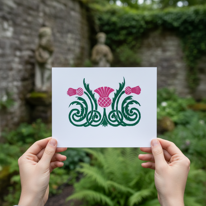 8x10 Scottish thistle botanical print with pink thistle bloom and green foliage inspired by medieval botanical decoration.