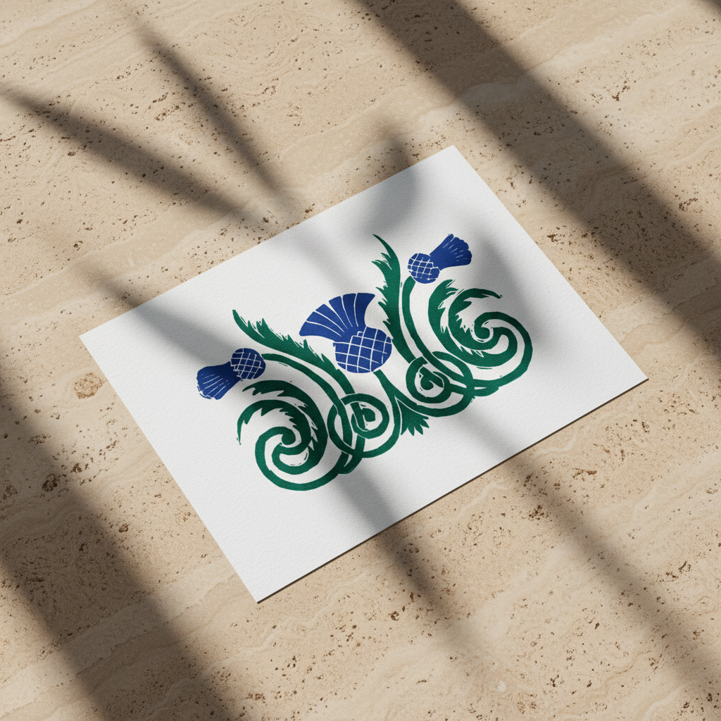 Close-up of linocut print showing carved texture and ink detail in Scottish thistle artwork, highlighting hand-printed surface