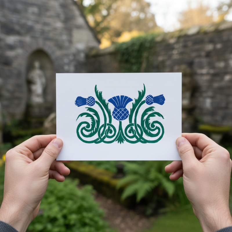 Person holding a card with a blue and green thistle design against a stone wall and garden background.