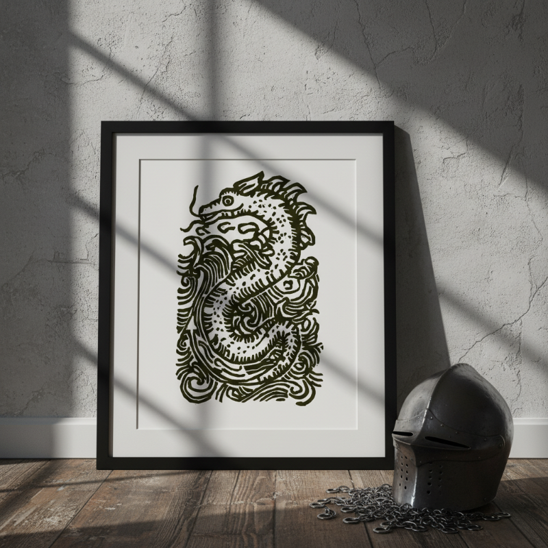Close-up detail of hand-carved relief print showing textured linework, scales, and intricate carving marks on a medieval-inspired sea serpent artwork.