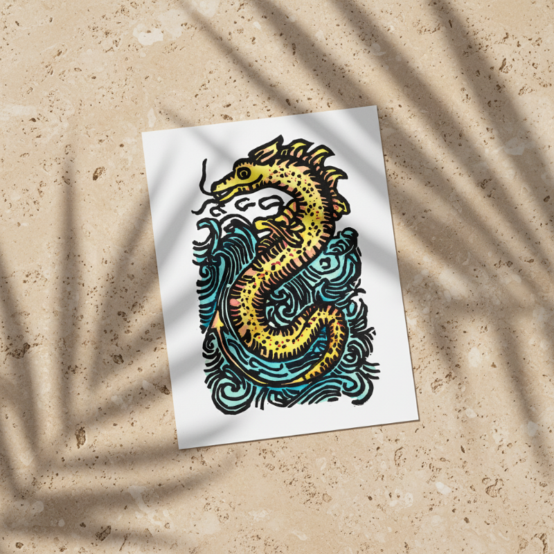 Large 11x14 sea serpent fine art reproduction featuring bold printmaking lines, folklore-inspired imagery, and flowing ocean waves.