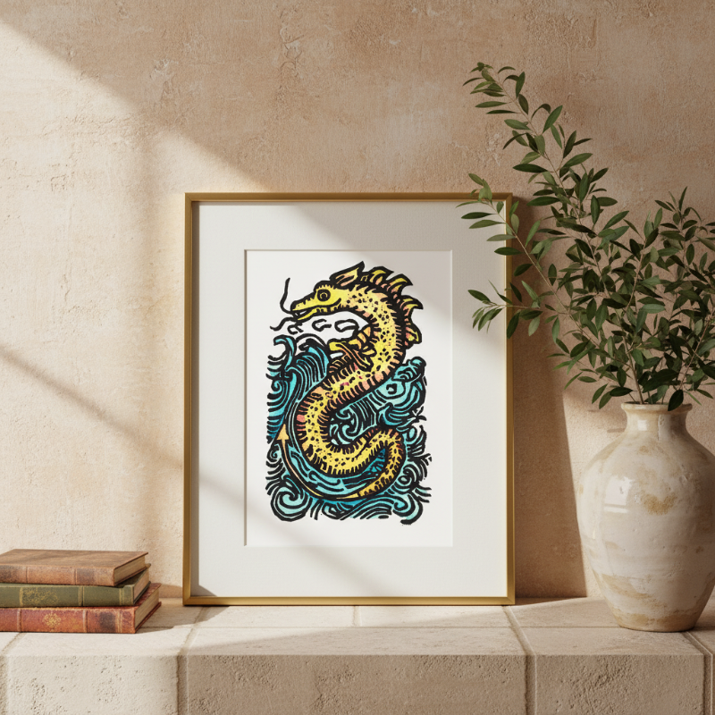Sea serpent folklore fine art reproduction print in 5x7 size featuring a hand-carved medieval-inspired sea creature among stylized ocean waves.
