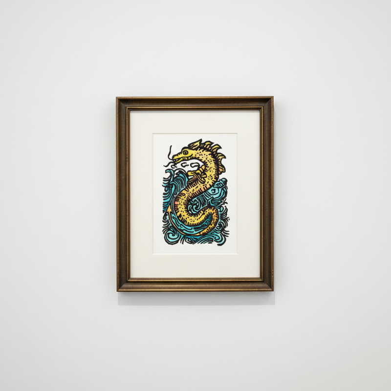Sea serpent folklore art print in 8x10 format with detailed relief-print textures, inspired by maritime legends and medieval illustration.