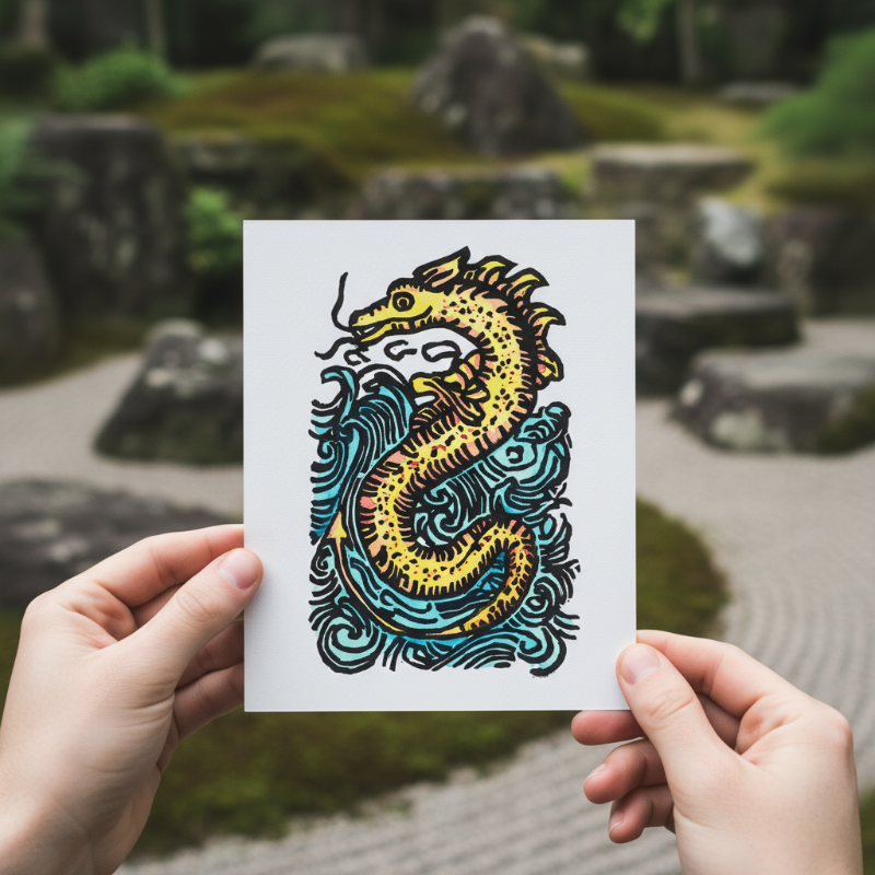 Close-up detail of hand-carved sea serpent relief print showing carved texture, expressive line work, hand-printed marks, and layered color inspired by medieval maritime legends.