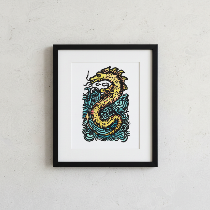 Hand-carved sea serpent original relief print inspired by medieval folklore, featuring a golden serpent emerging from stylized ocean waves in a 5x7 collector edition artwork.