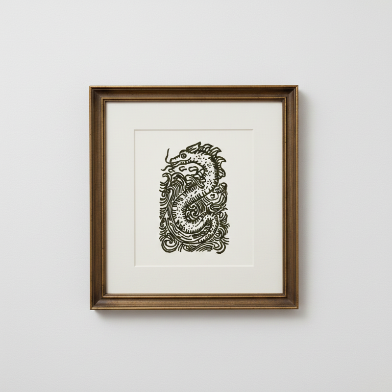 Hand-carved relief print of a medieval-inspired sea serpent surrounded by flowing decorative waves in black ink on paper.