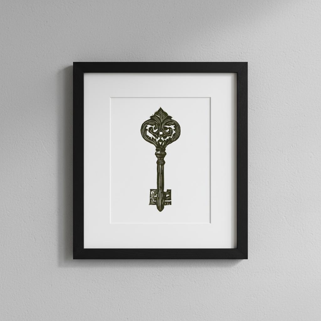 Ornate medieval key linocut original print in dark olive, framed in black on a grey wall
