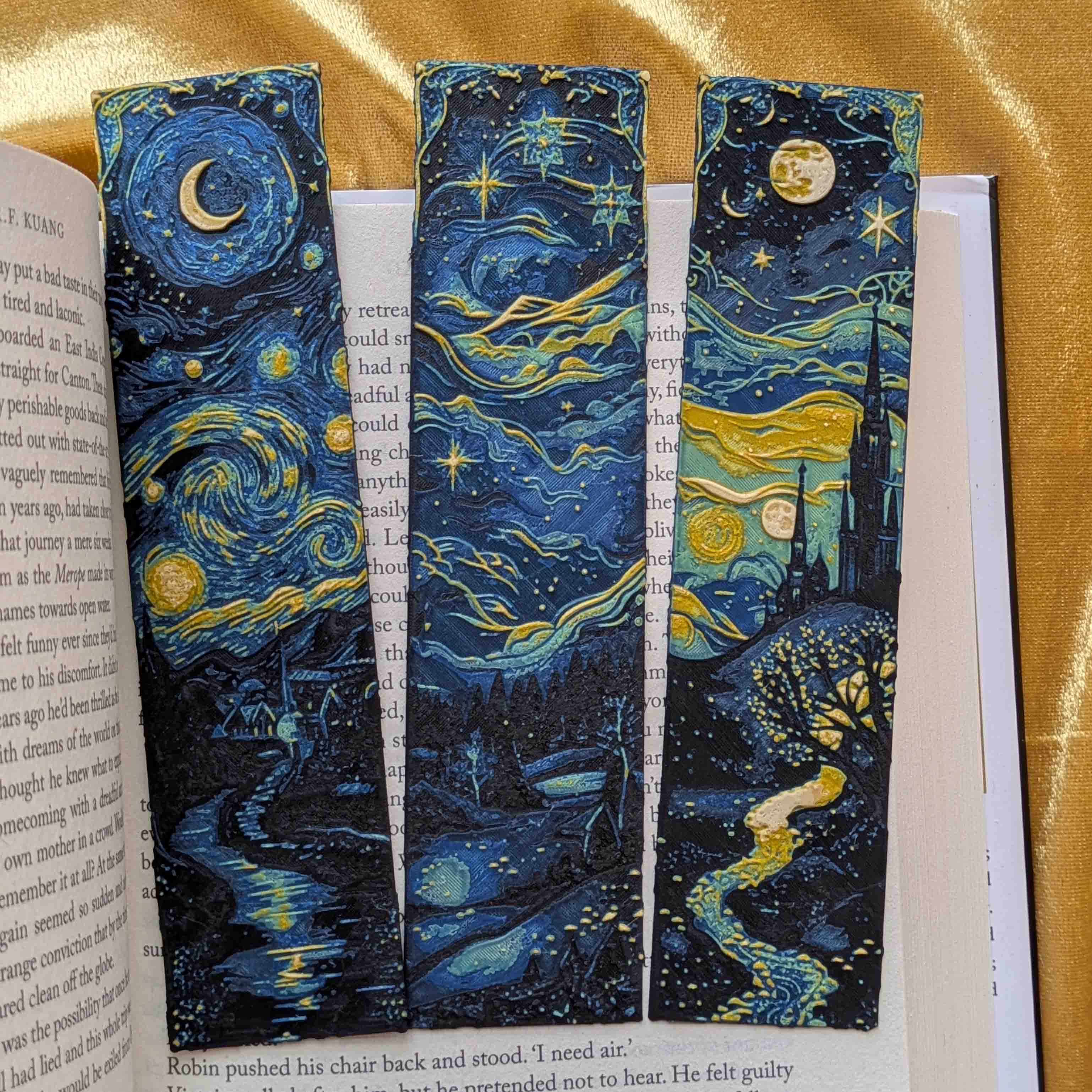 Set of three Starry Night inspired bookmarks with celestial night sky designs