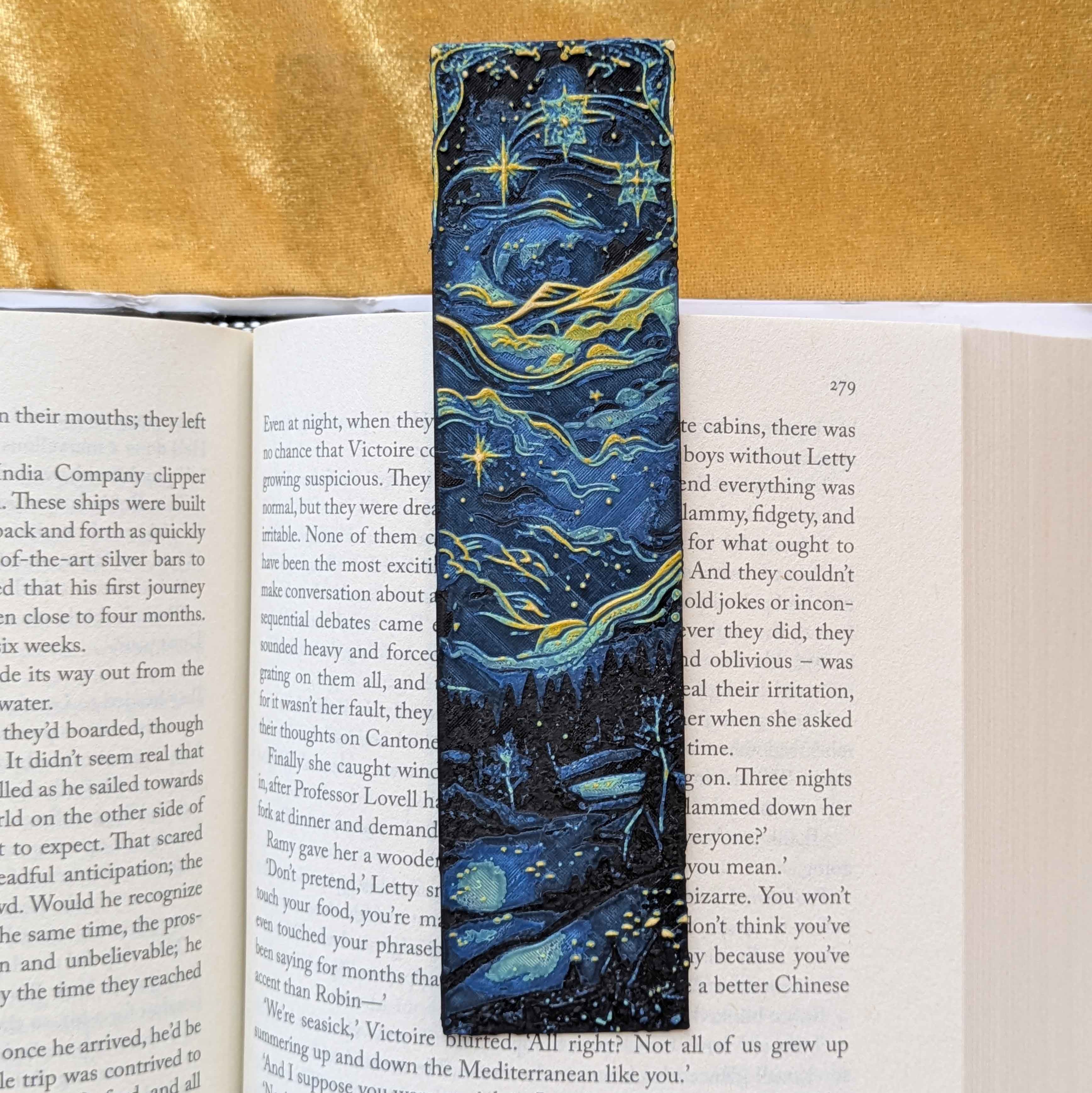 Starry Night inspired bookmark with flowing stars and deep blue night sky
