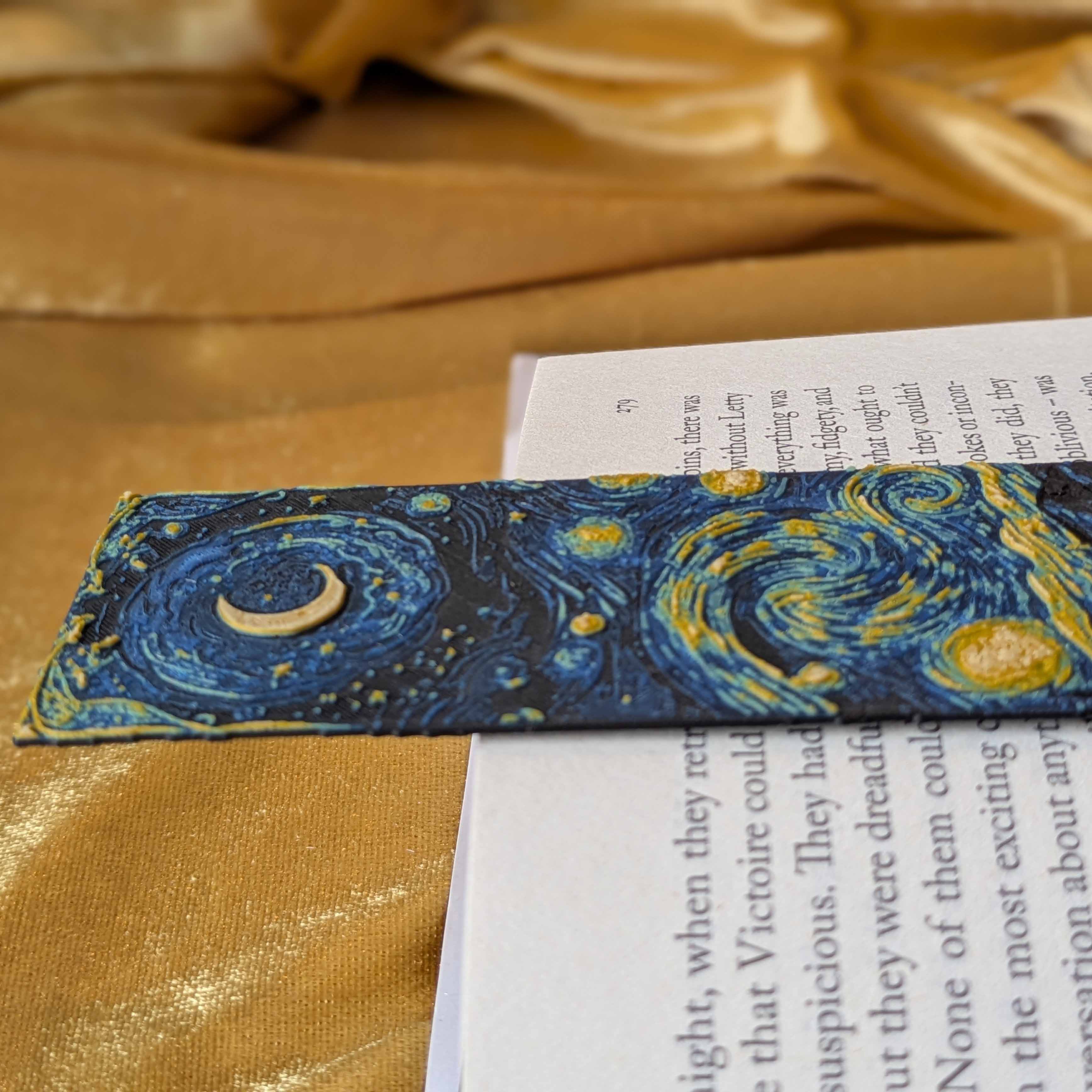 Close-up detail of Starry Night inspired spiral sky bookmark with crescent moon and swirling celestial lines