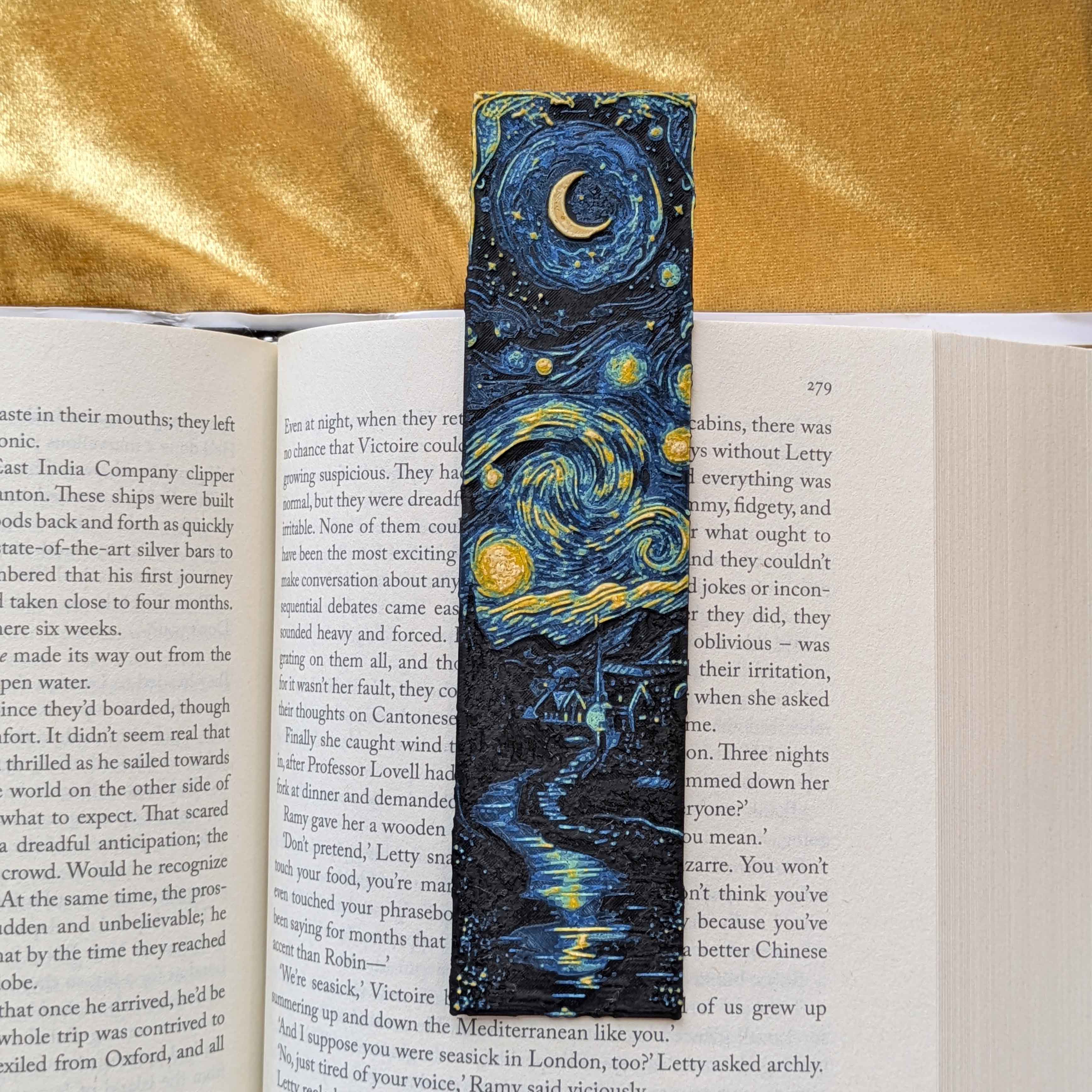 Starry Night inspired spiral bookmark with crescent moon and swirling night sky