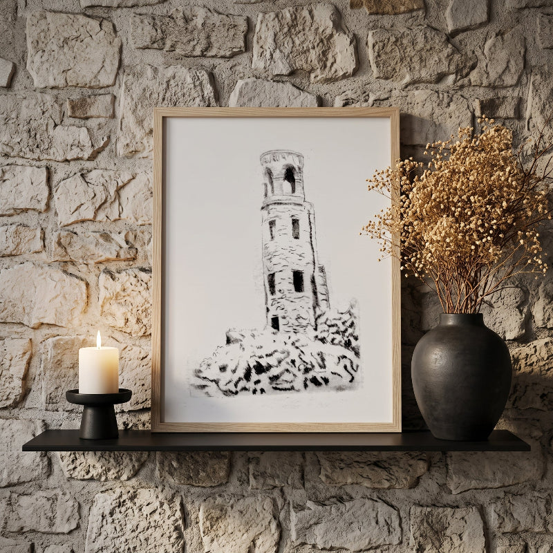 The Beacon Tower black and white fine art reproduction print, 11x14 medieval-inspired stone tower artwork