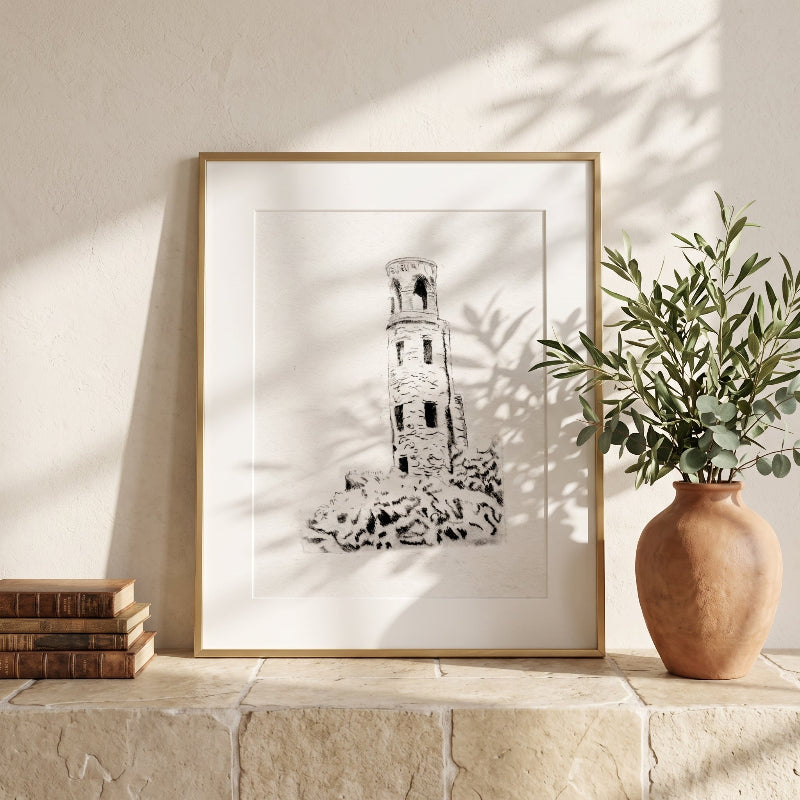 The Beacon Tower black and white fine art reproduction print, 5x7 medieval-inspired stone tower artwor