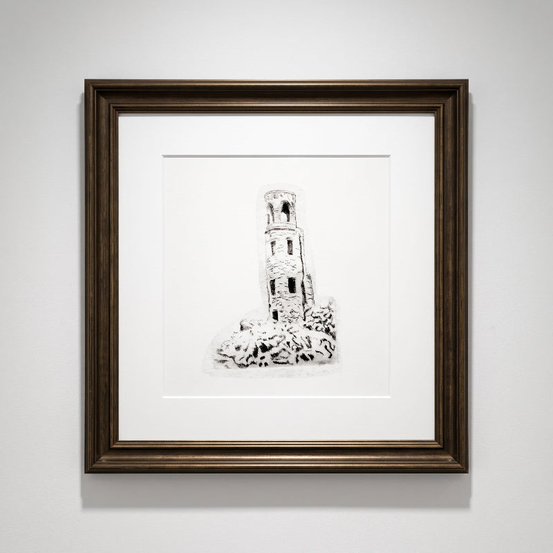 The Beacon Tower black and white fine art reproduction print, 8x10 medieval-inspired stone tower artwork