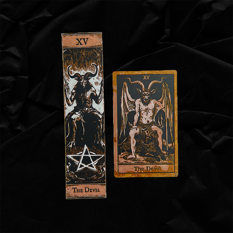 The Devil tarot bookmark Classic Edition beside the Devil tarot card bookmark Collector Edition, showing both formats together on a black background