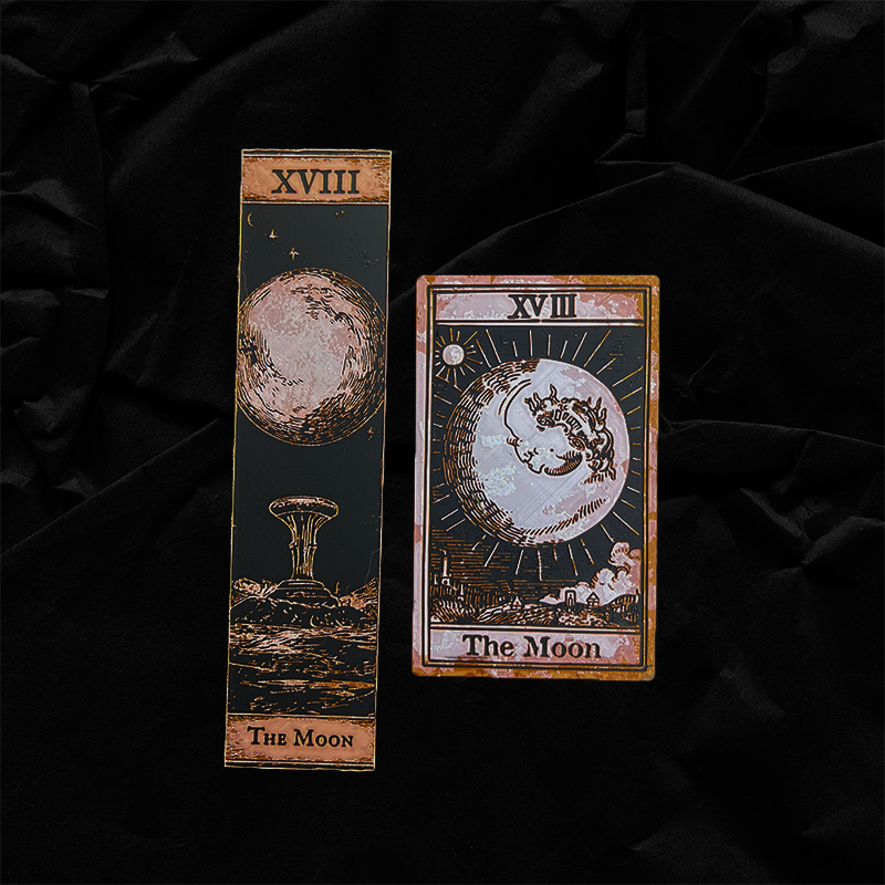 The Moon tarot bookmark combo showing the narrow Classic-style moon bookmark beside the rectangular Collector-style moon tarot card.