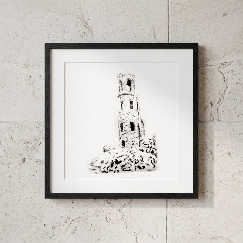 Close-up of hand-drawn graphite linework and textured stone details in The Watchtower original artwork
