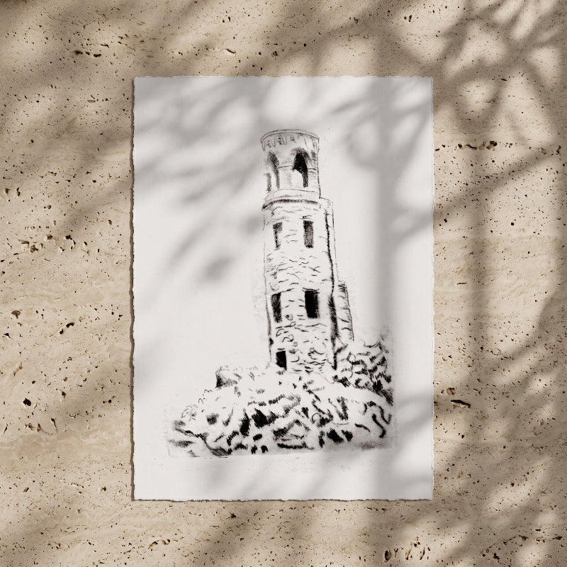 Close-up detail of The Watchtower original graphite artwork showing hand-drawn stone texture, rocky ground, and fine linework