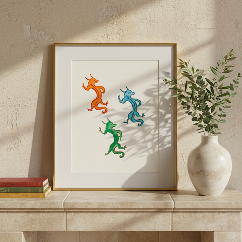 Three colorful dancing dragons in medieval illuminated manuscript style on parchment background