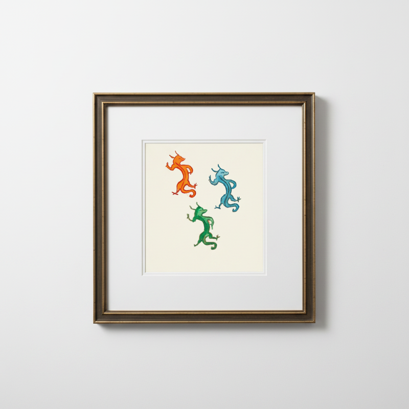 Red blue and green dragons in playful poses inspired by medieval marginalia artwork
