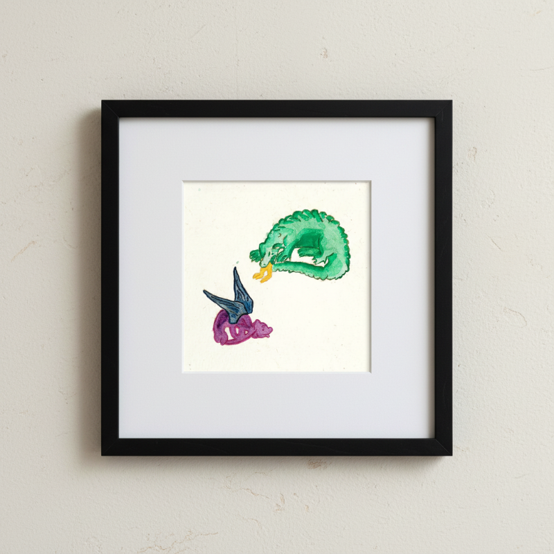 medieval dragon marginalia illustration with green dragon breathing fire toward small purple dragon