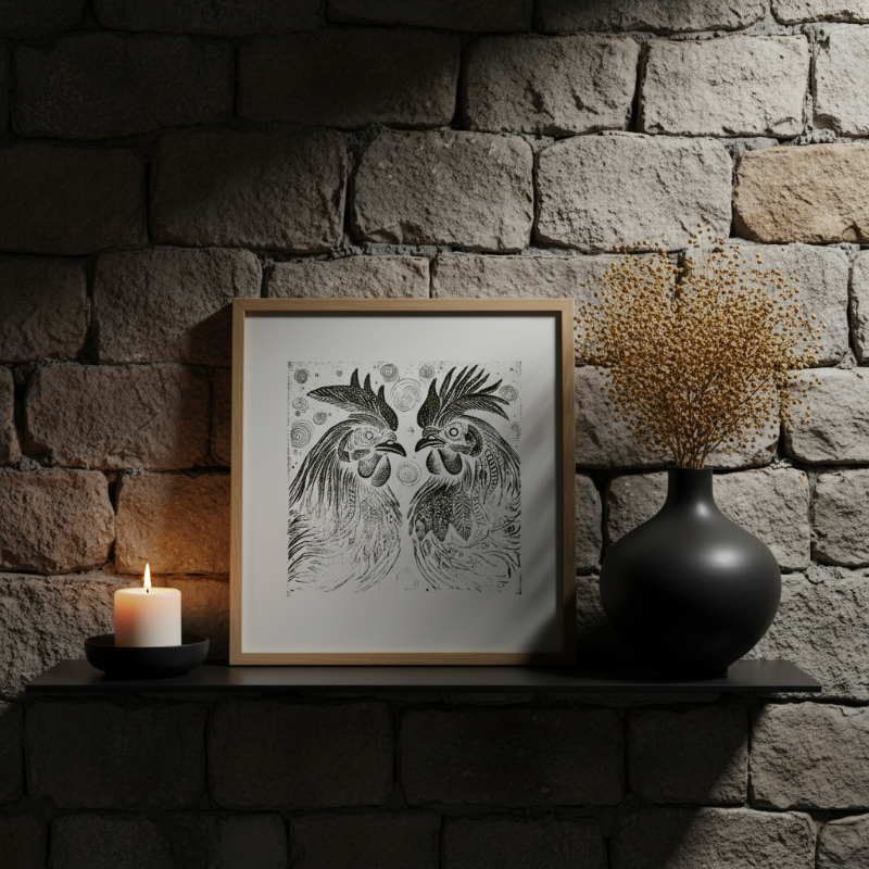 Black and white folk art print featuring two mirrored roosters with intricate feather details and swirling background patterns