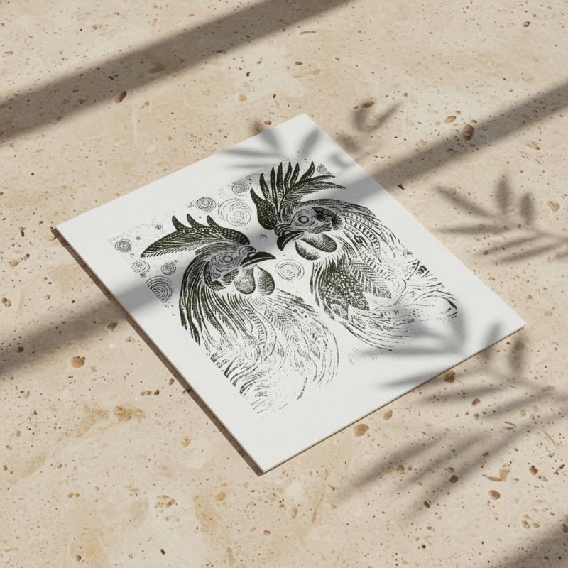 Symmetrical rooster illustration inspired by traditional woodcut prints, showing detailed linework and balanced composition