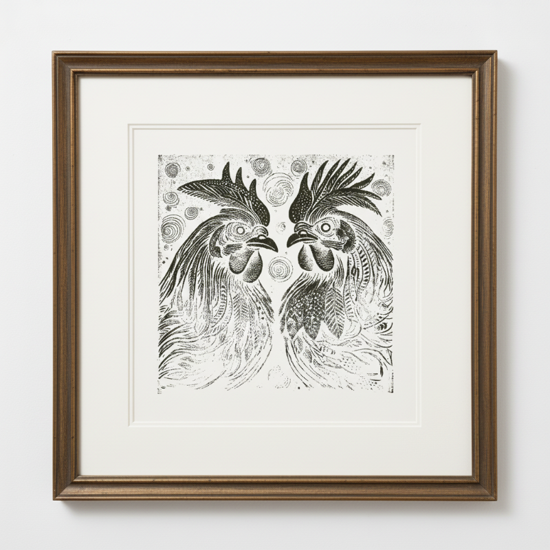 Close-up of carved linework and texture in twin rooster original artwork showing detailed feather patterns and print surface marks