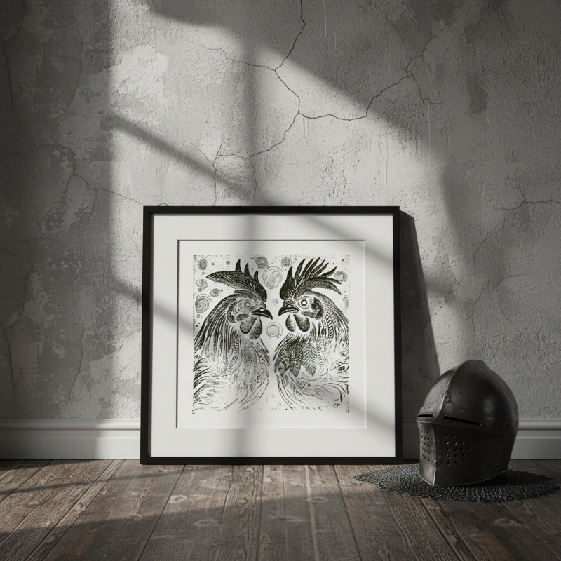 Hand-carved twin rooster folk art original in black and white with intricate linework and symmetrical composition