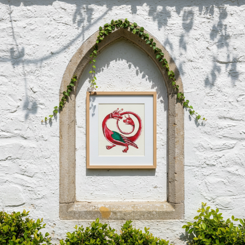 Twin serpent dragon illustration in medieval manuscript style with red bodies and green wing detail