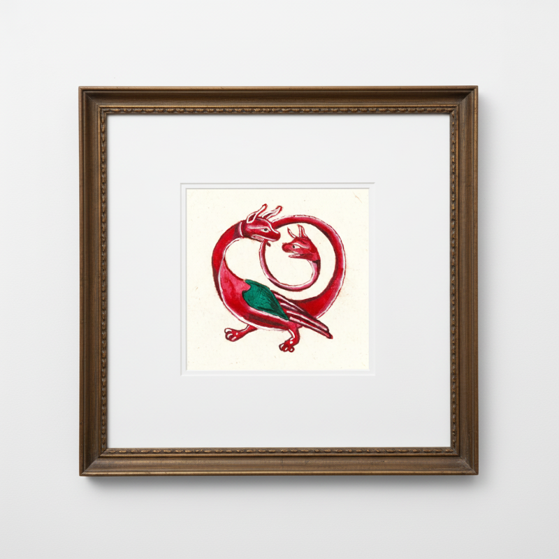 Circular two-headed dragon artwork inspired by medieval marginalia and folklore symbolism