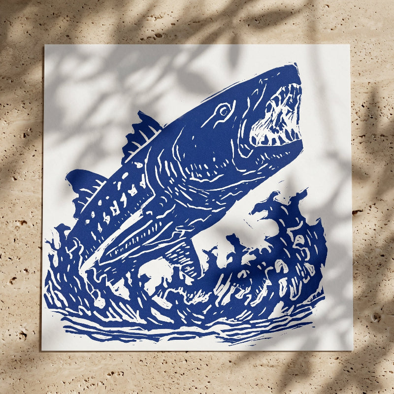 Close-up detail of the Winnebago Beast artwork showing carved textures and hand-crafted printmaking marks.