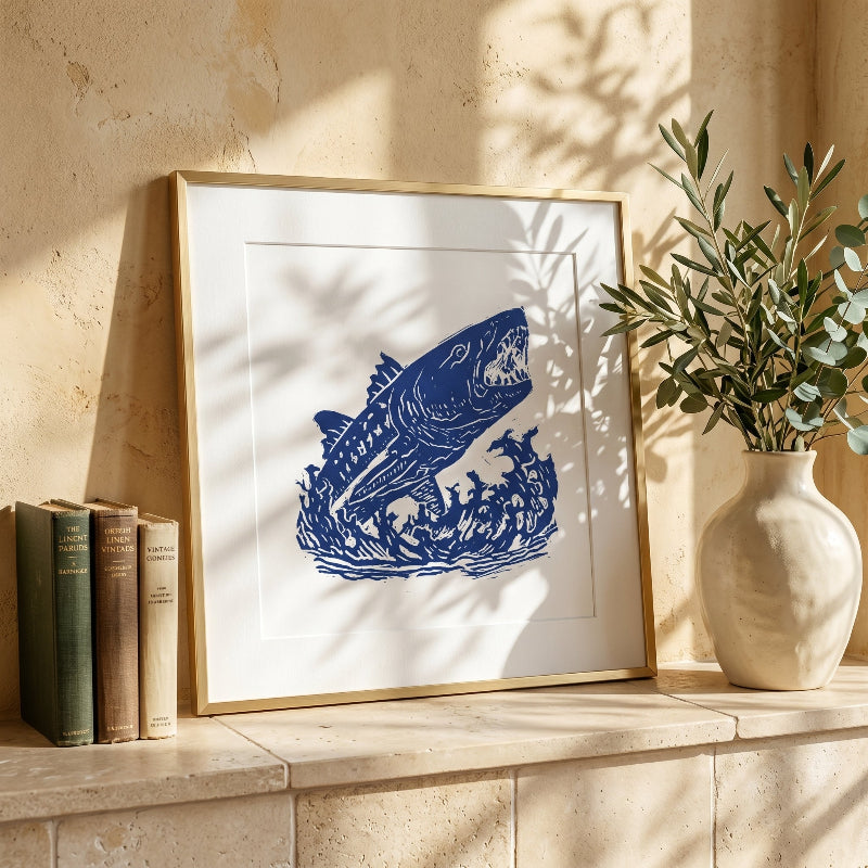 Winnebago Beast fine art print featuring a legendary lake creature inspired by folklore and traditional relief printmaking.
