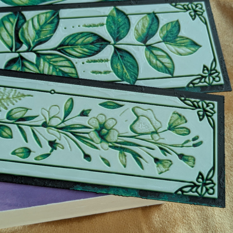 Close-up detail of Woodland Leaves bookmark showing intricate leaf textures and ornamental border design.